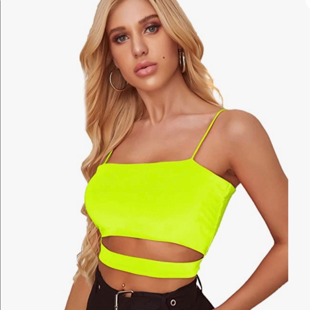 Neon yellow, cropped spaghetti string tank top, with stomach slit in the front.